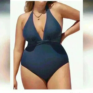 Cupshe Deep V Halter One-Piece Swimsuit in Dark Teal